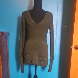 Arizona Jean Company Olive Green Ribbed V-Neck Sweater Hoodie